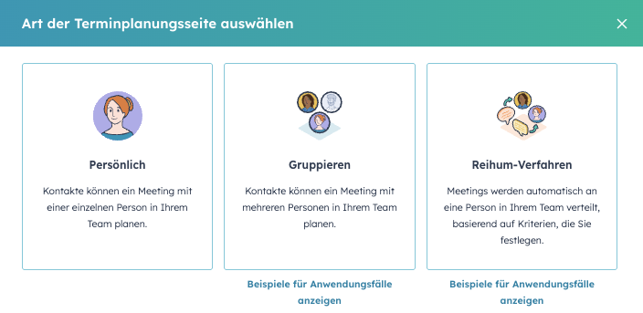 HubSpot Meeting Link Optionen: Persönlich,